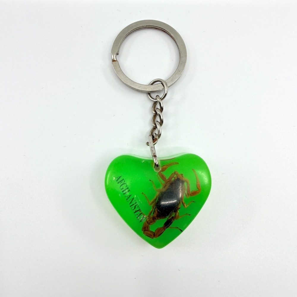Vintage Y2K Real Scorpion Lucite Resin Heart Keychain Green Afghanistan Goth